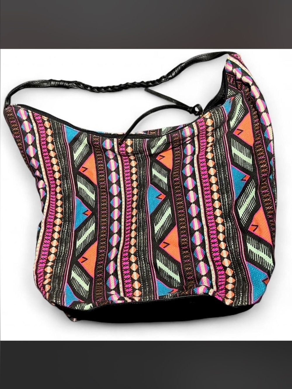 Vintage Aztec print crossbody bag with black leather braided straps